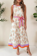 Floral Print Color Block Trim Belted Sleeveless Dress