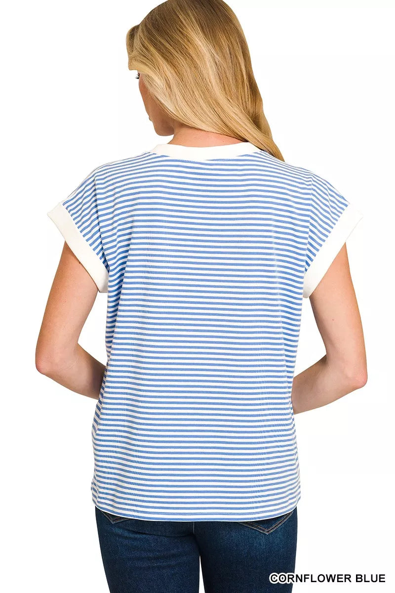 Zenana Striped Round Neck Short Sleeve Contrast Trim T-Shirt