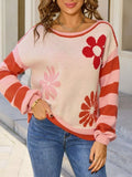 Floral Striped Sleeve Round Neck Sweater