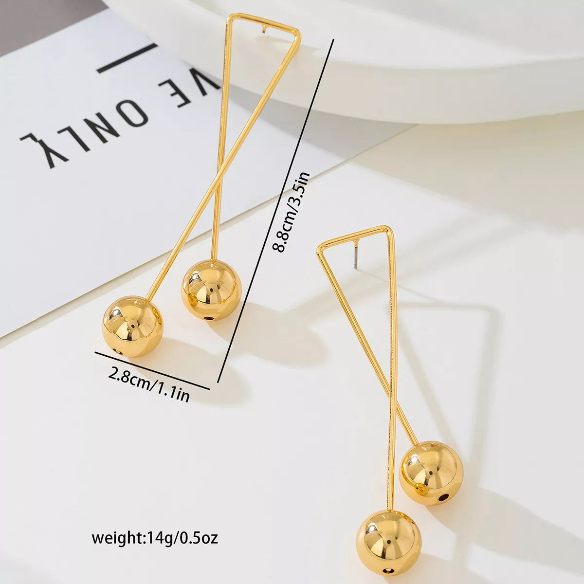 Modern Geometric Triangle Gold Ball Drop Earrings