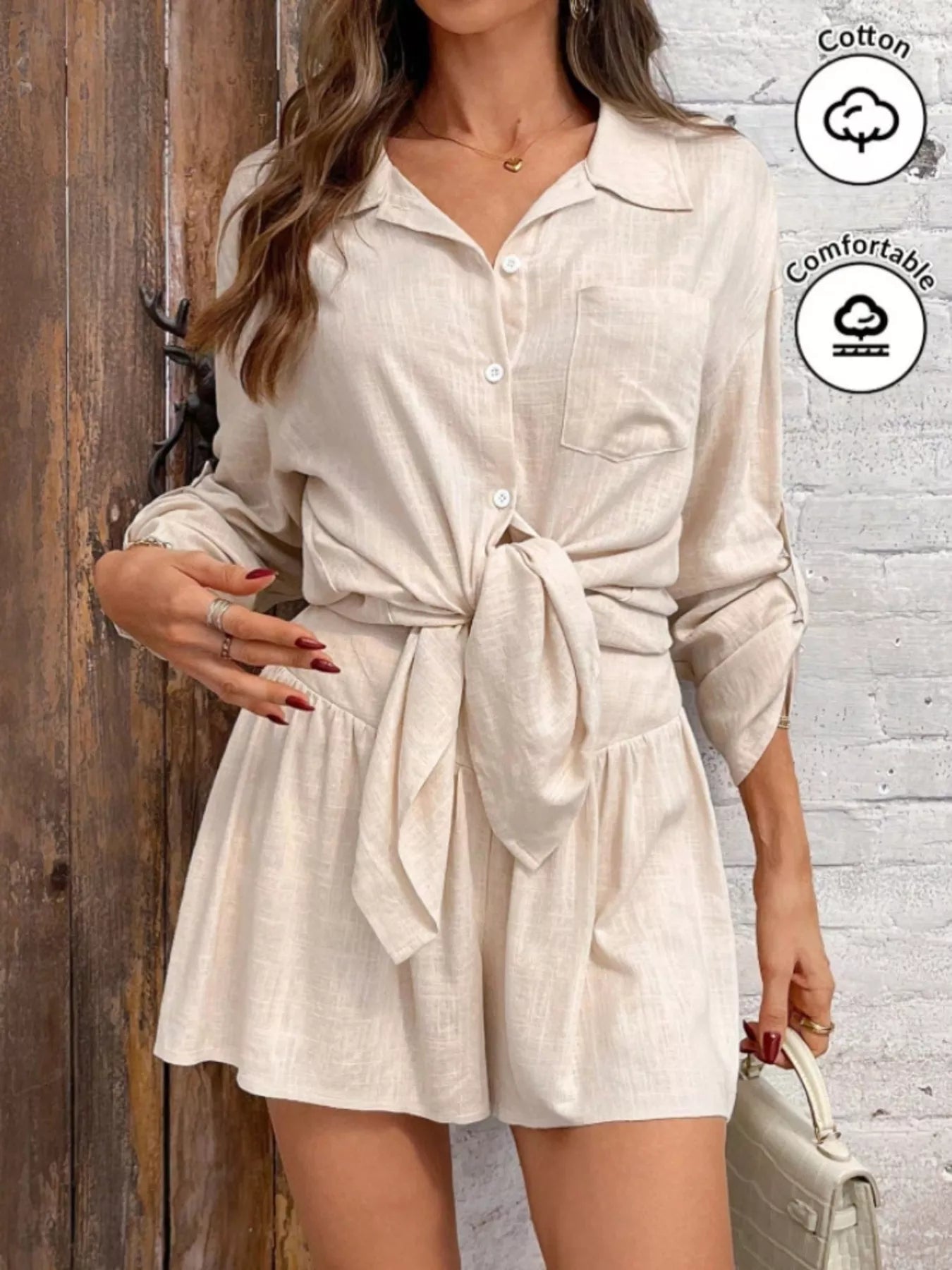 Button Up Roll-Up Sleeve Shirt and Shorts Set