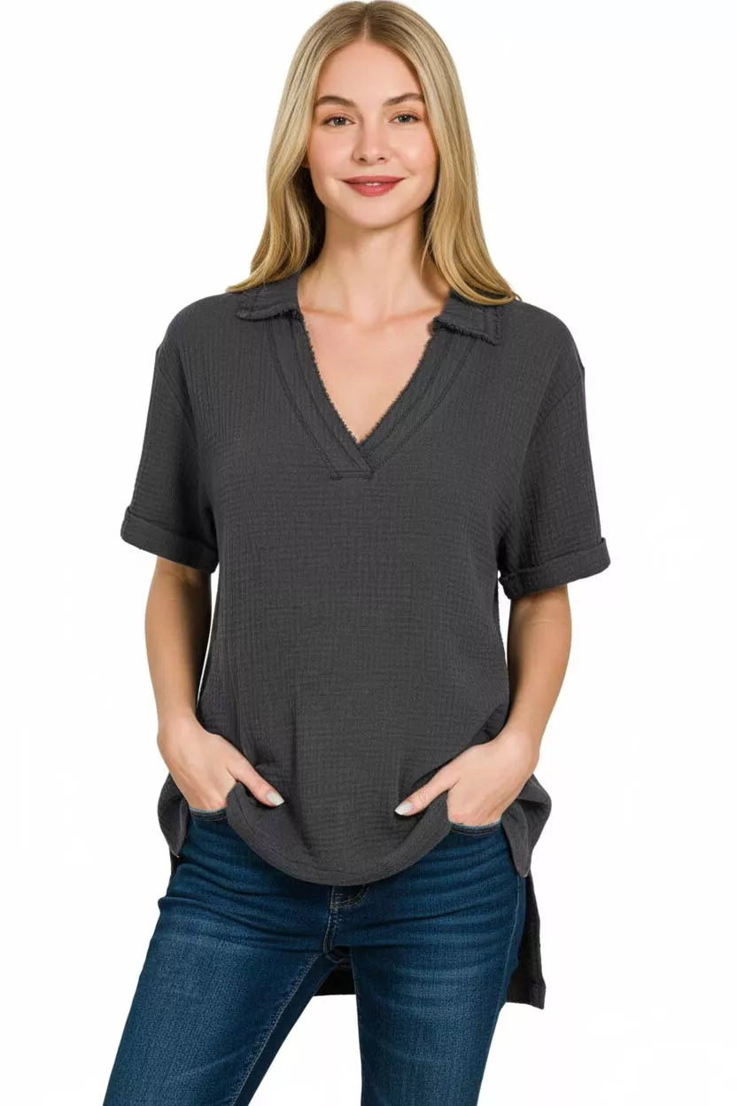 Zenana Double Gauze Short Sleeve High-Low Top