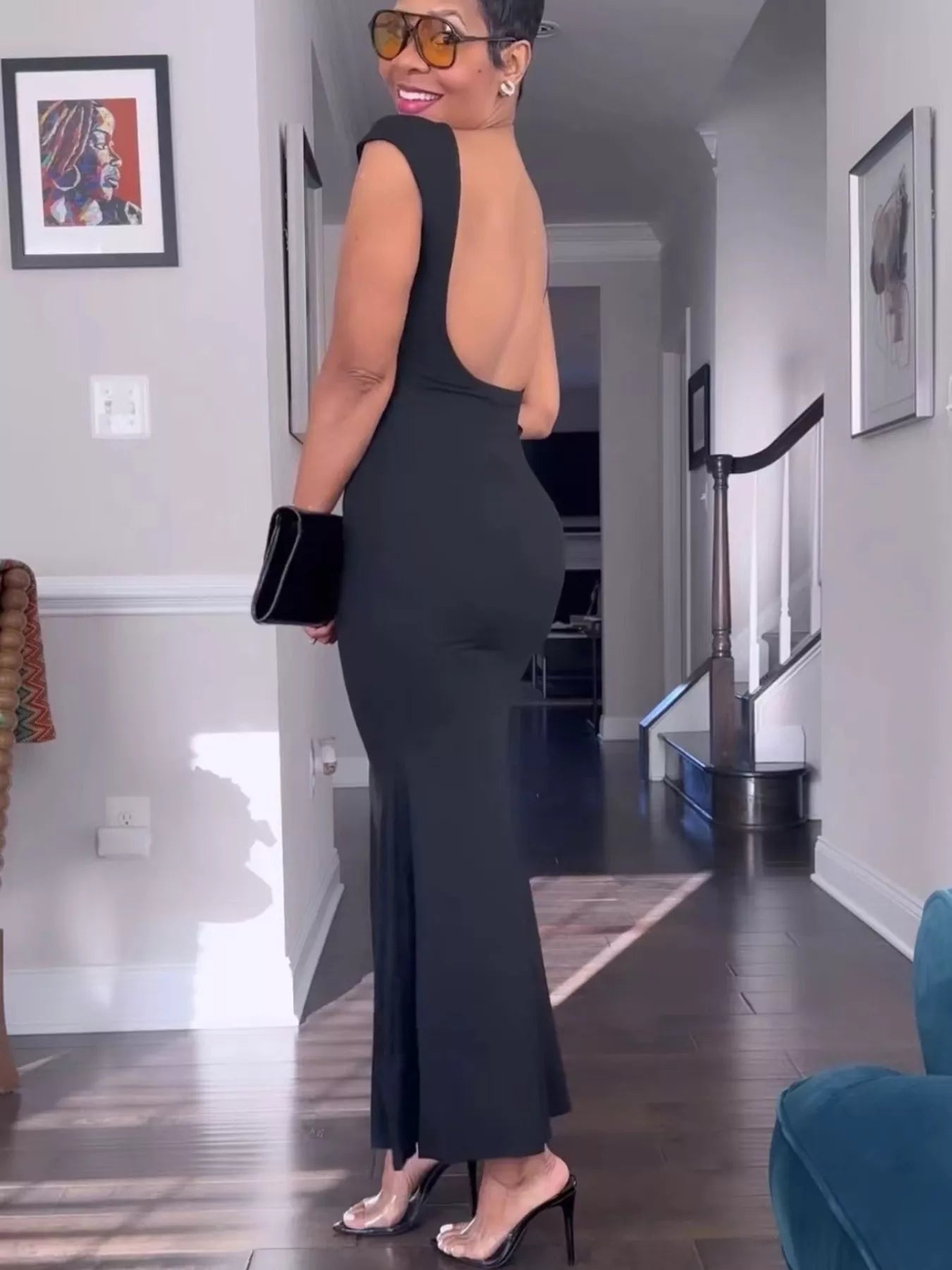 Backless Cap Sleeve Maxi Dress