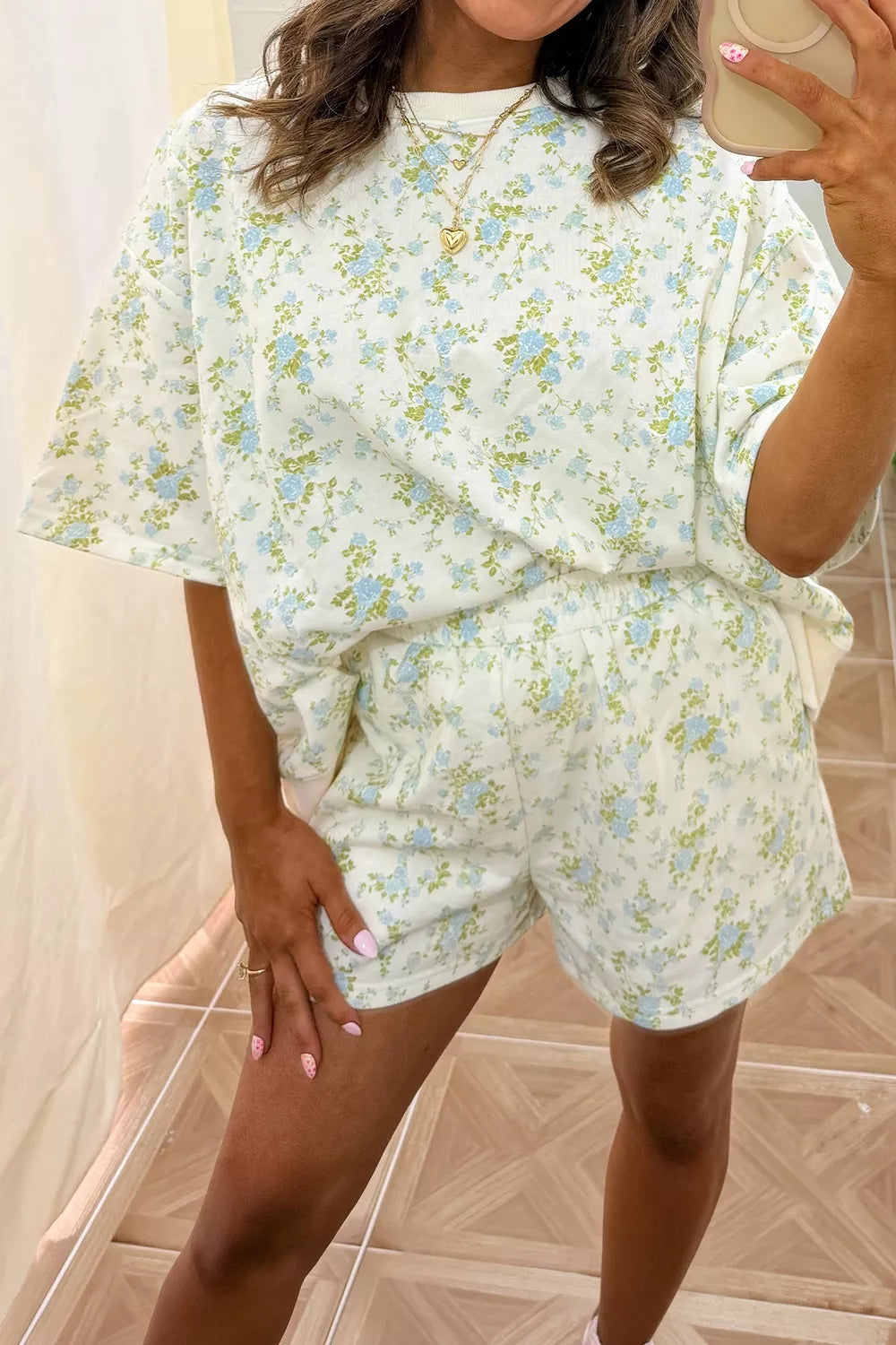 Floral Print Long Sleeve Shift Top Pocketed Shorts 2pcs Set
