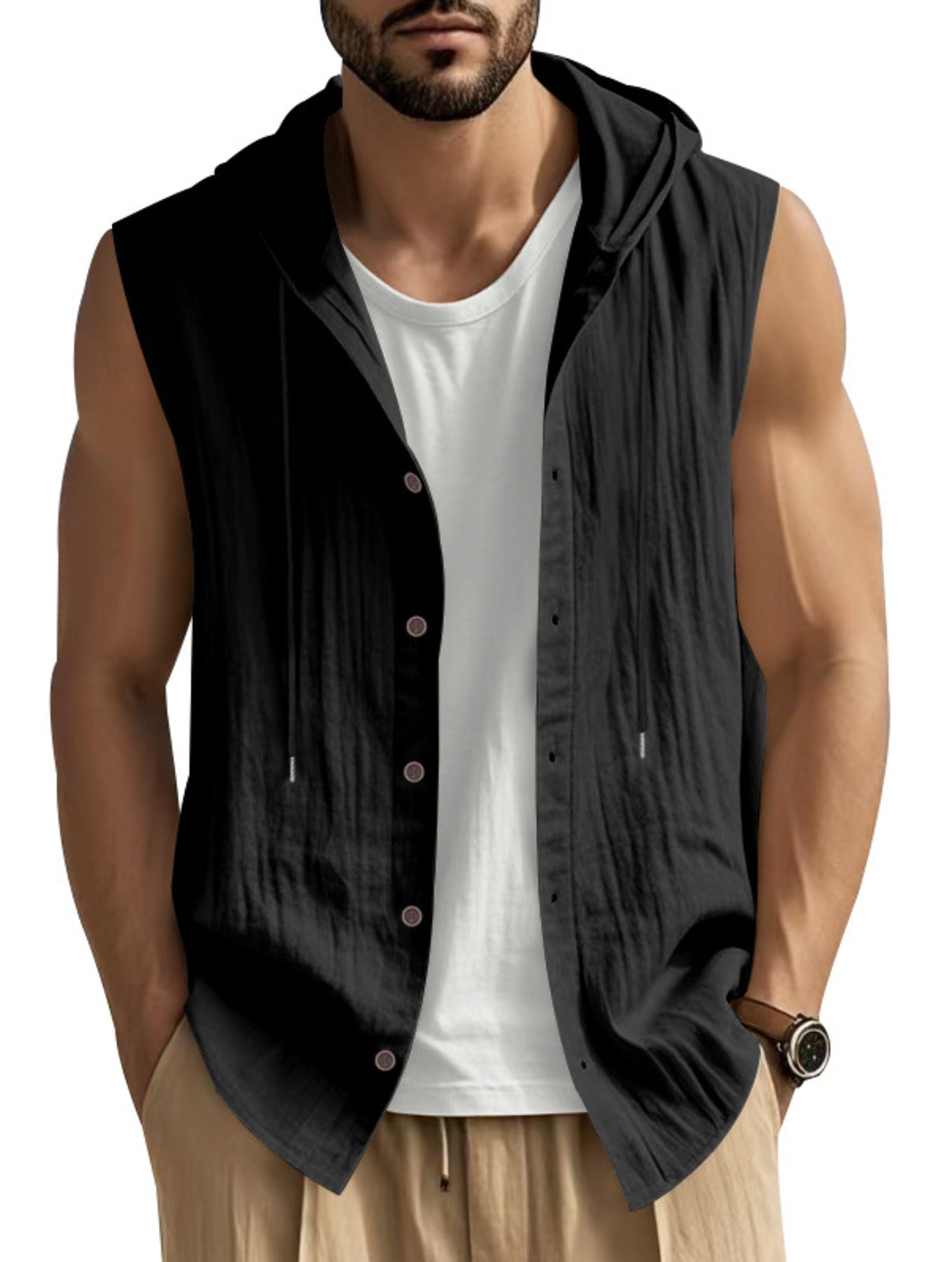 Men's Full Size Casual Sleeveless Hooded Button-Down Top Plus Size