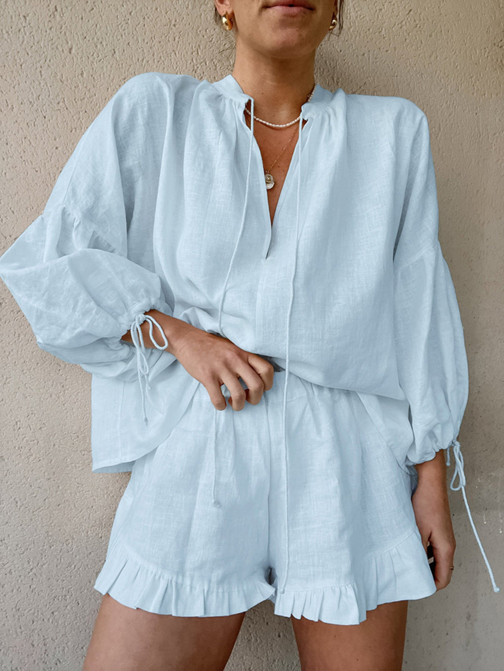 Tie Neck Balloon Sleeve Blouse and Shorts Set