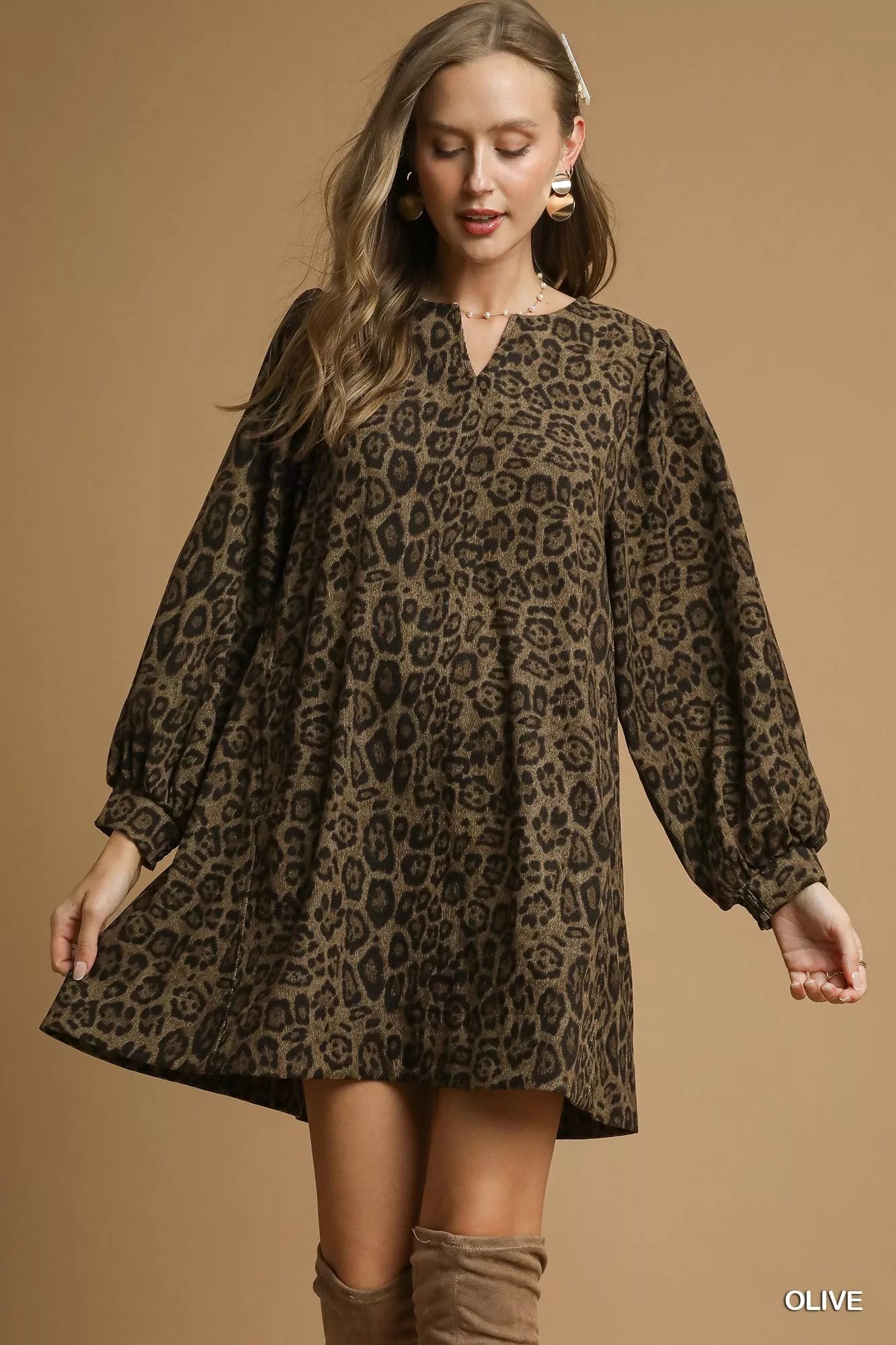 Umgee Leopard Print Long Sleeve Swing Dress