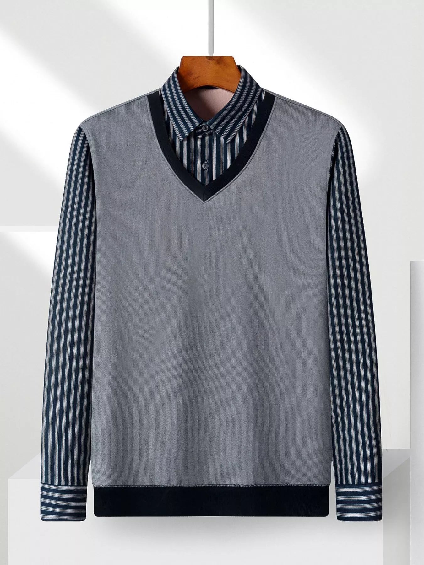 Men's Plus Size Striped Long Sleeve Fake Two-Piece Knit Top