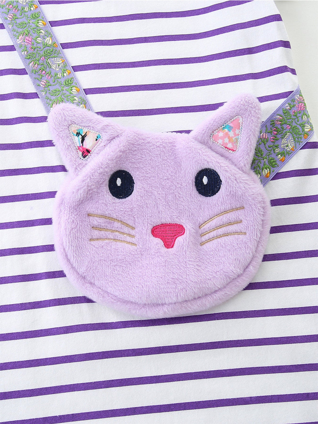 Children's Striped Casual Dress with Cat Bag