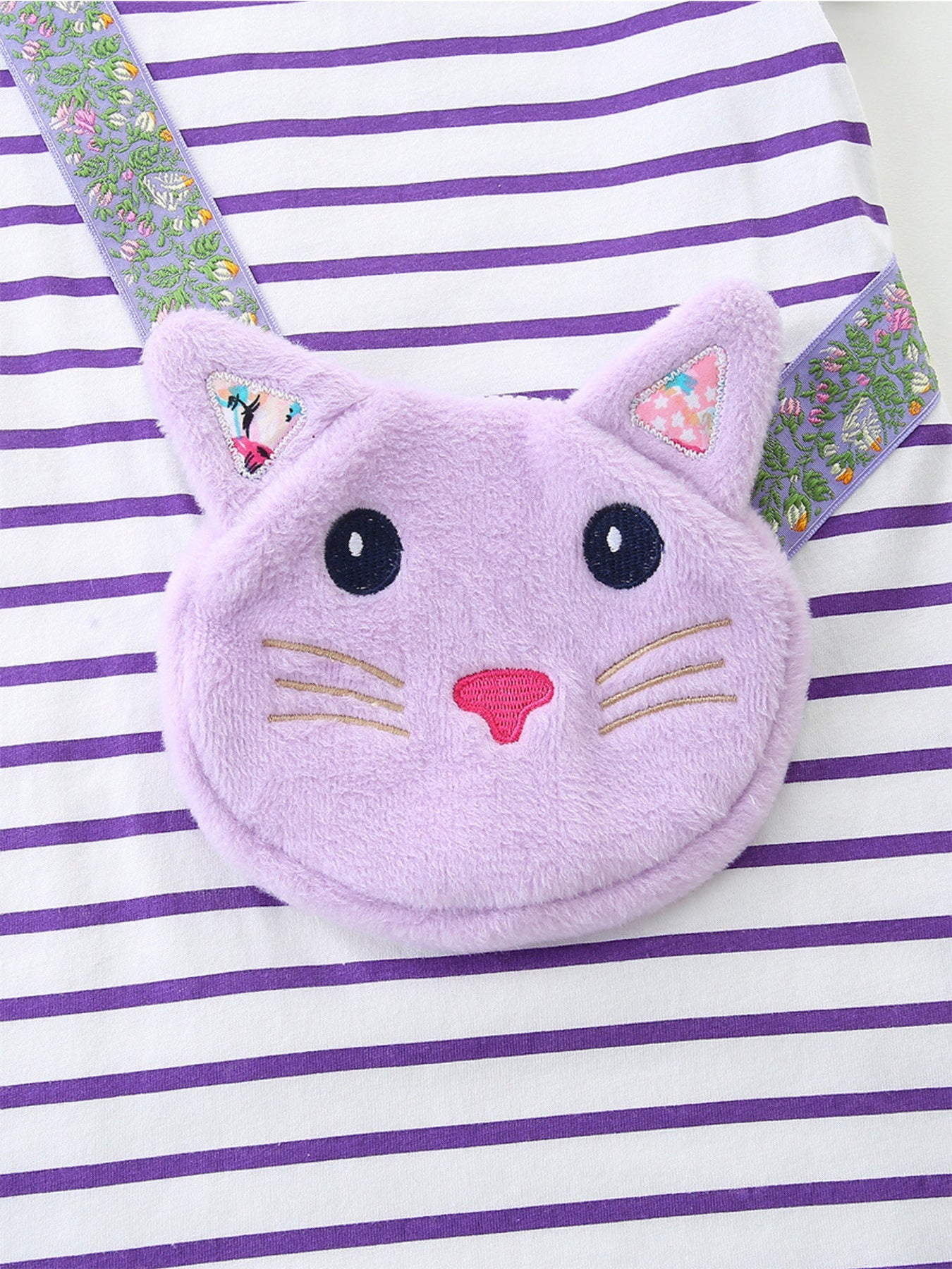 Children's Striped Casual Dress with Cat Bag