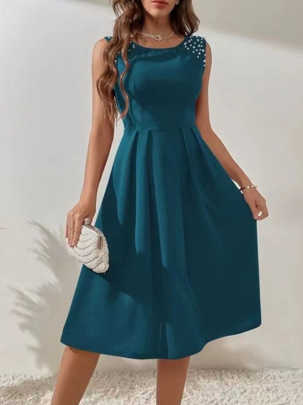 Pearl Detail Sleeveless Midi Dress