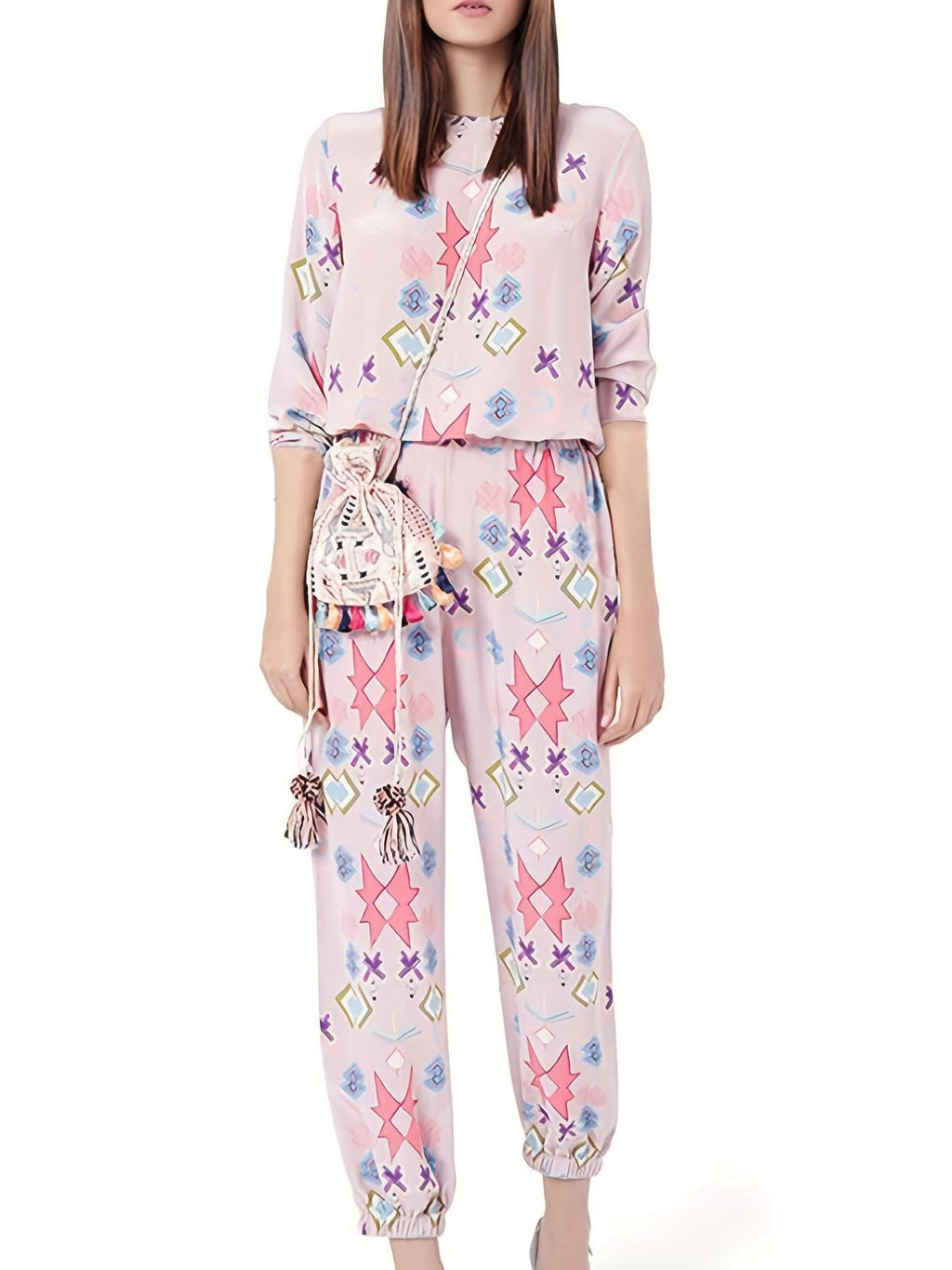 Printed Round Neck Long Sleeve Top and Pants Lounge Set