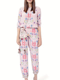 Printed Round Neck Long Sleeve Top and Pants Lounge Set