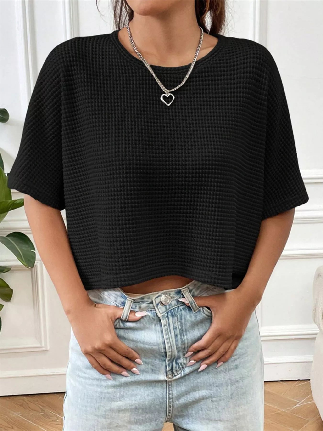Waffle Knit Cropped T-Shirt
