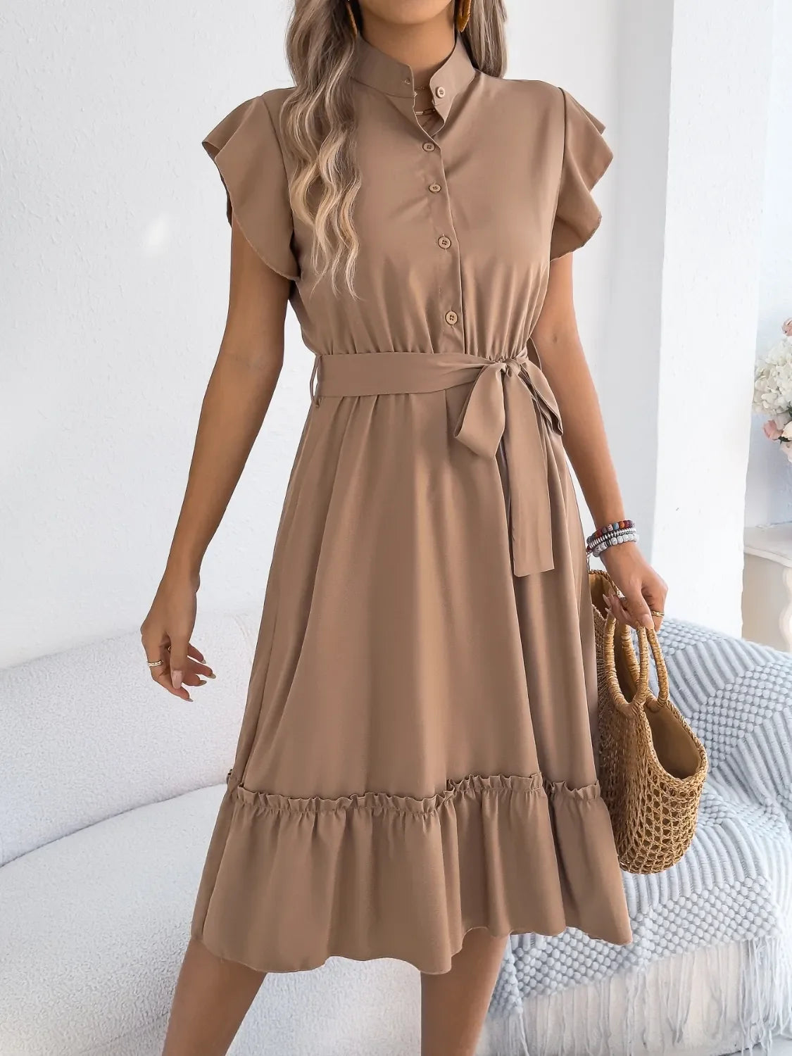 Tie Waist Ruffled Cap Sleeve Dress