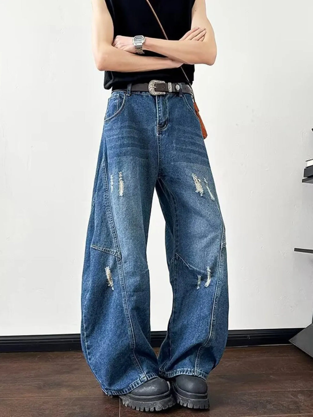 Men's Full Size Distressed Wide Leg Jeans Plus Size
