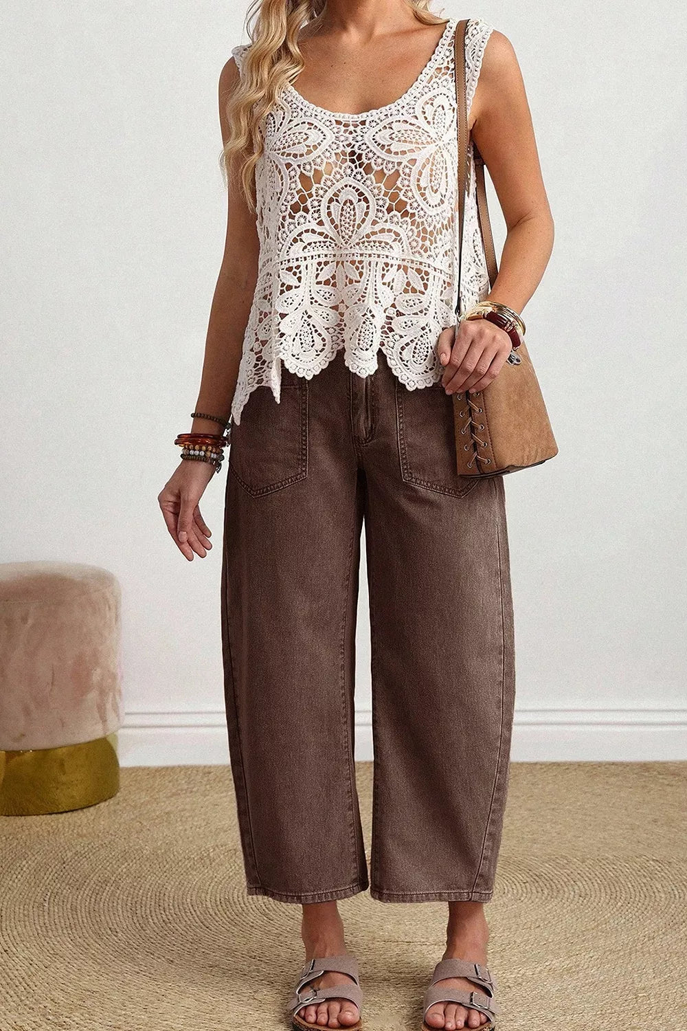 Solid Color Square Patch Pocket Ankle-length Barrel Jeans