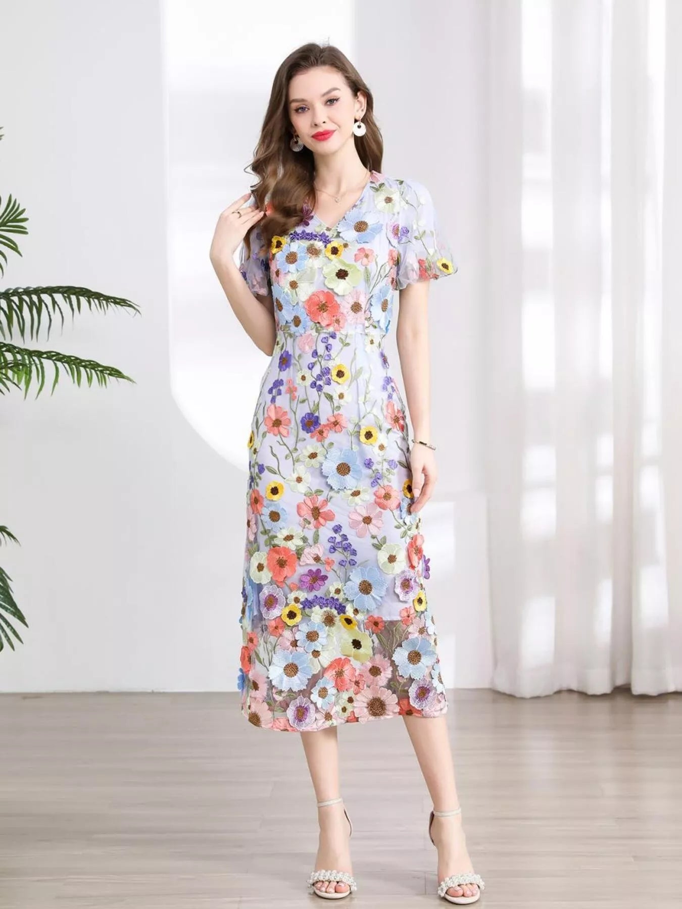Floral Embroidered Puff Sleeve Midi Dress