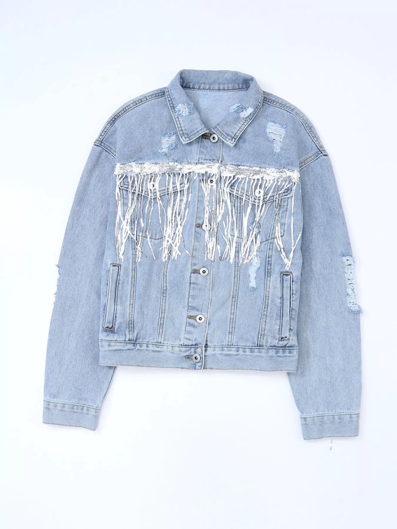 Fringed Sequin Embellished Denim Jacket