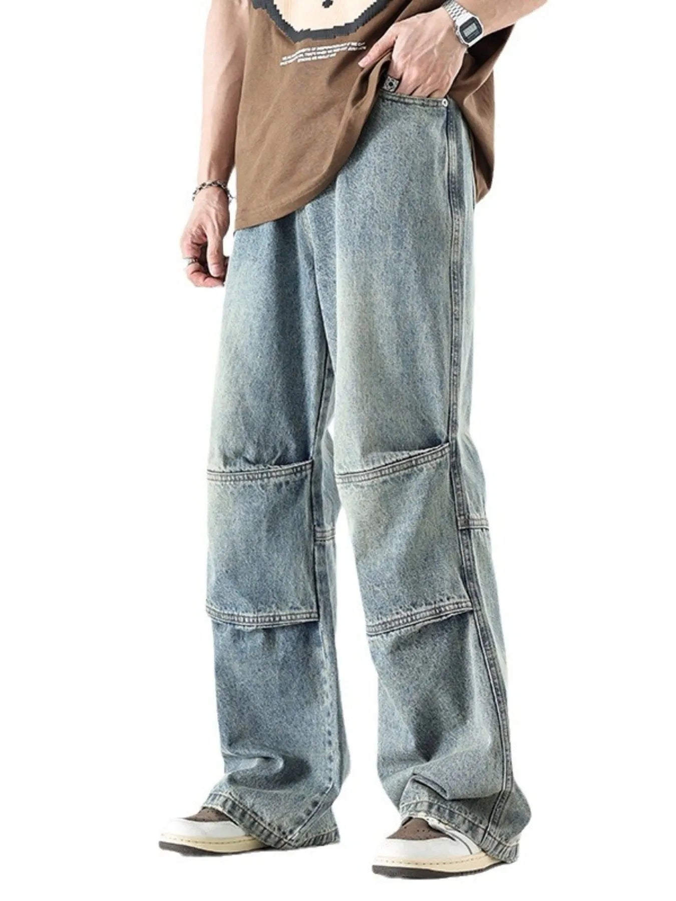 Men's Vintage Wide Leg Utility Jeans with Multi-Panel Design