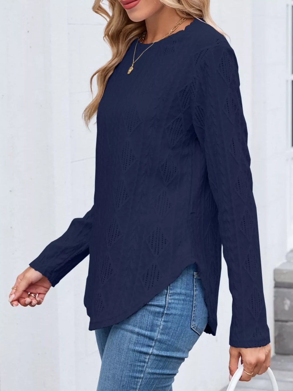 Openwork Textured Long Sleeve Top