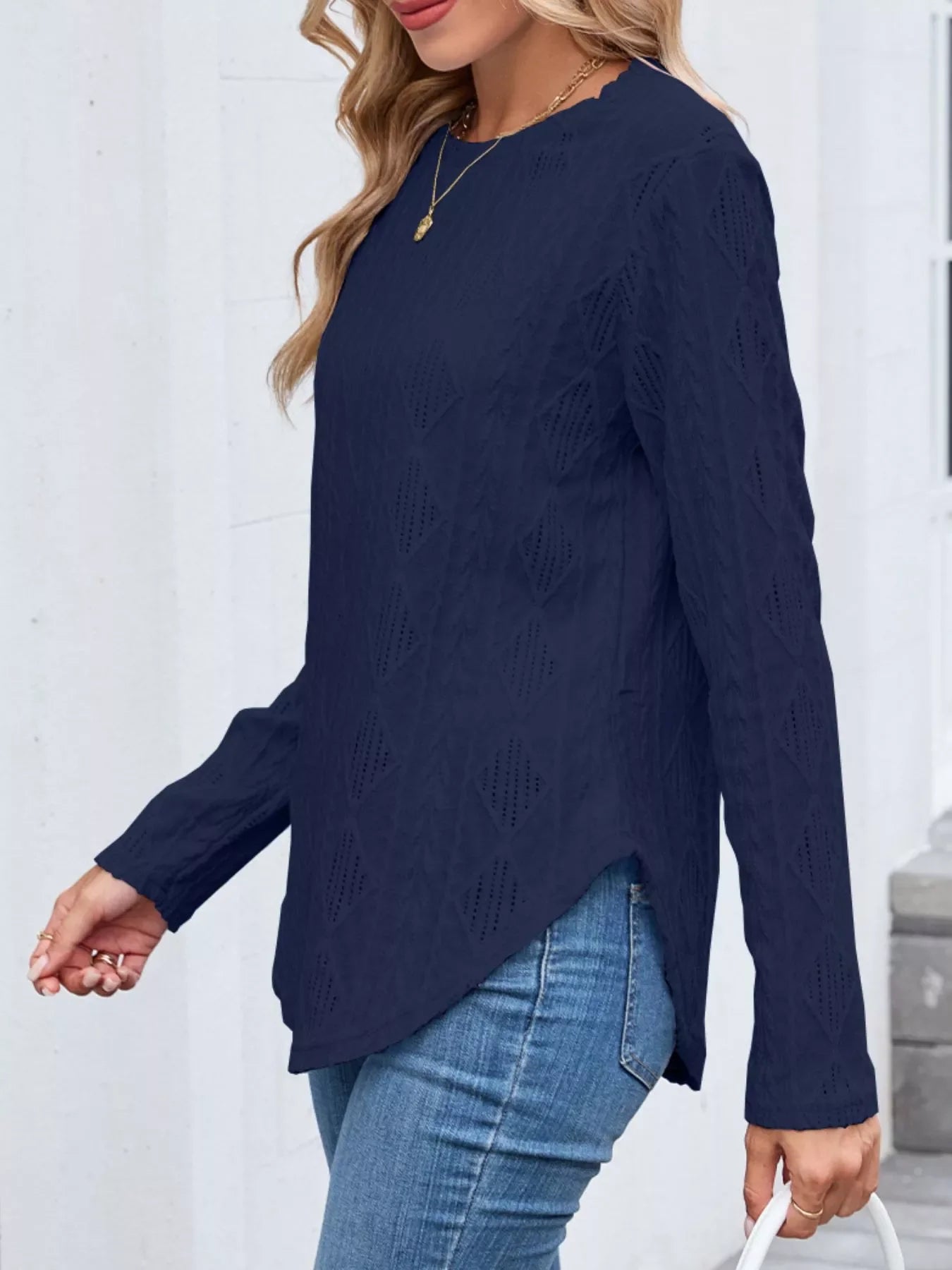 Openwork Textured Long Sleeve Top