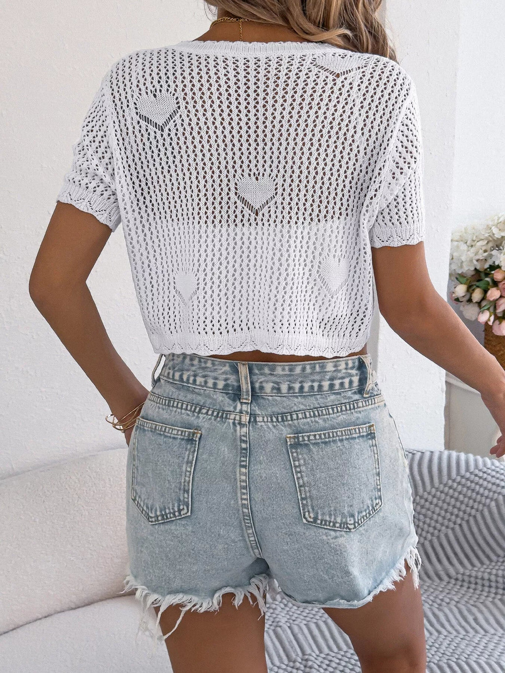 Crochet Heart Pattern Tie Front Cardigan