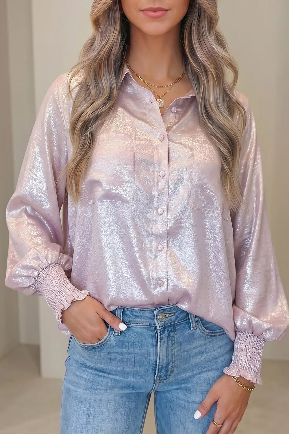 Long Sleeve Button Front Ruffle Cuffs Back Paneling Shirt