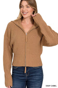 Zenana Ribbed Collared Zip Up Sweater Cardigan