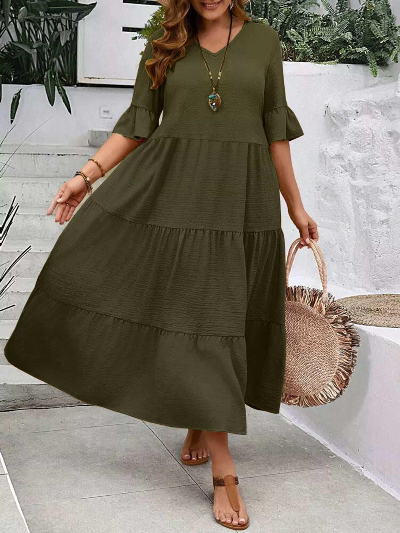Plus Size Ruffle Sleeves Tiered Midi Dress