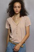 POL V-Neck Short Sleeve Top with Stitch Seam Detail