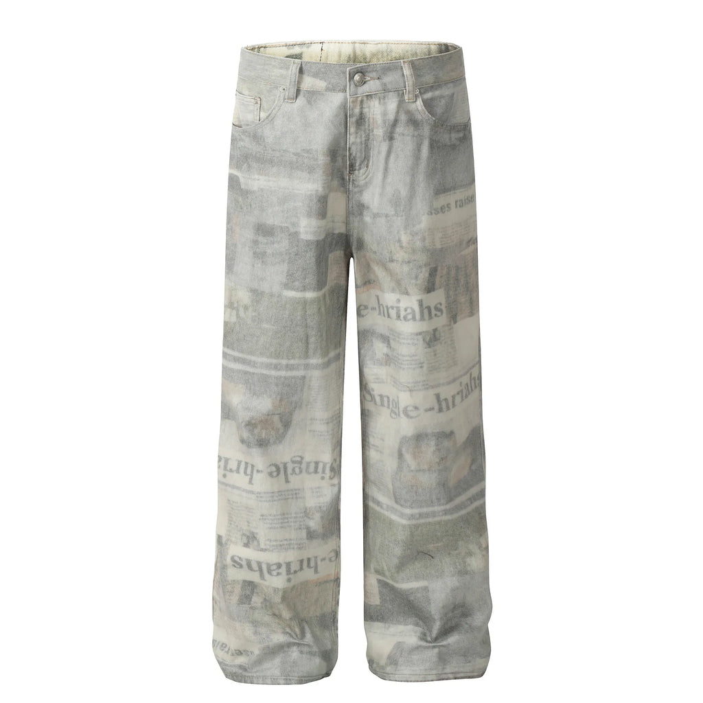 Men's Vintage Newspaper Print Wide Leg Baggy Jeans