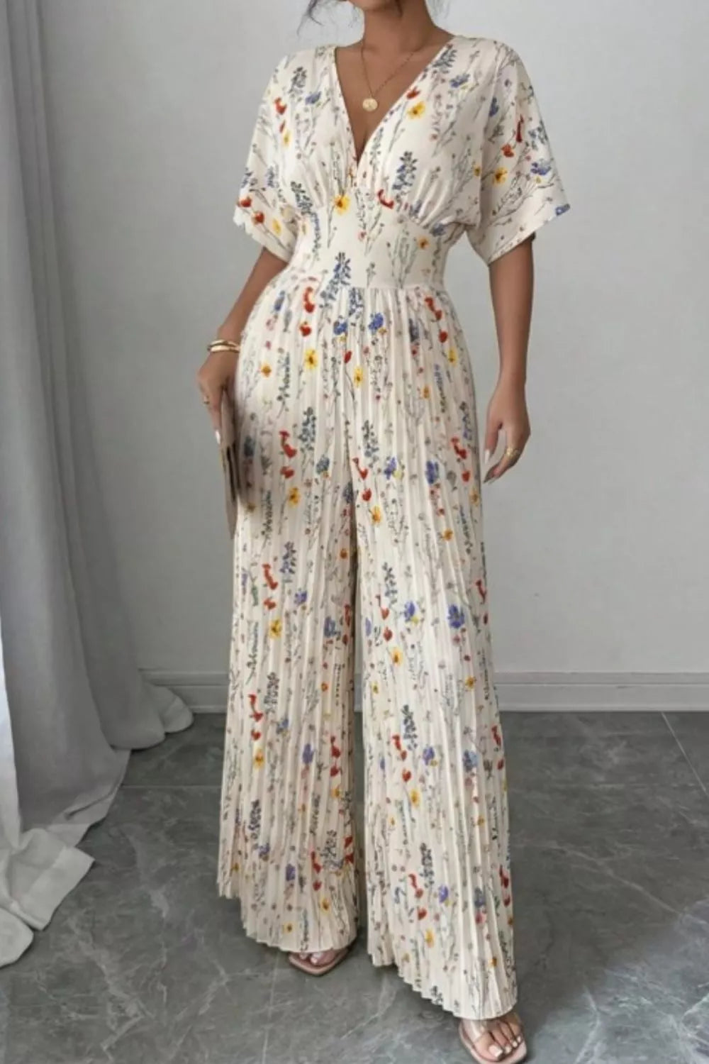 Floral Print Wide Leg Pleated Jumpsuit