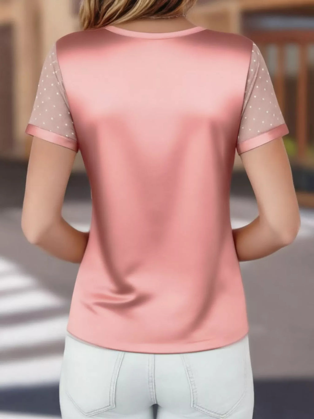 Polka Dot Mesh Sleeve Satin Short Sleeve Top