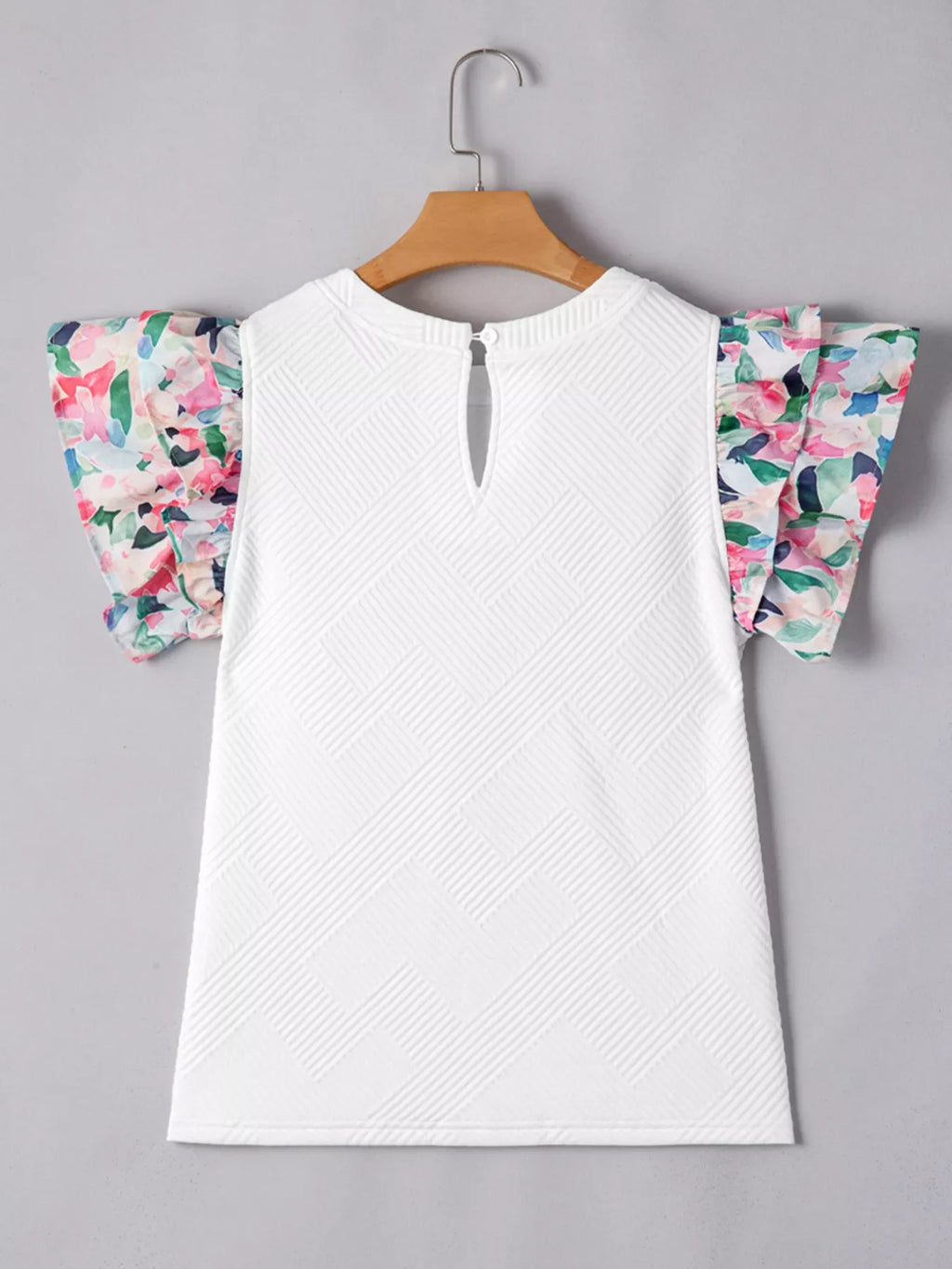 Abstract Print Tiered Ruffled Sleeve Textured Knit Top