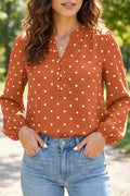 Polka Dot Half Button V Neck Long Sleeve Blouse