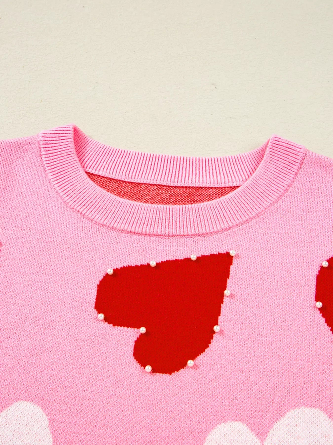 Pearl Embellished Heart Pattern Valentines Day Sweater