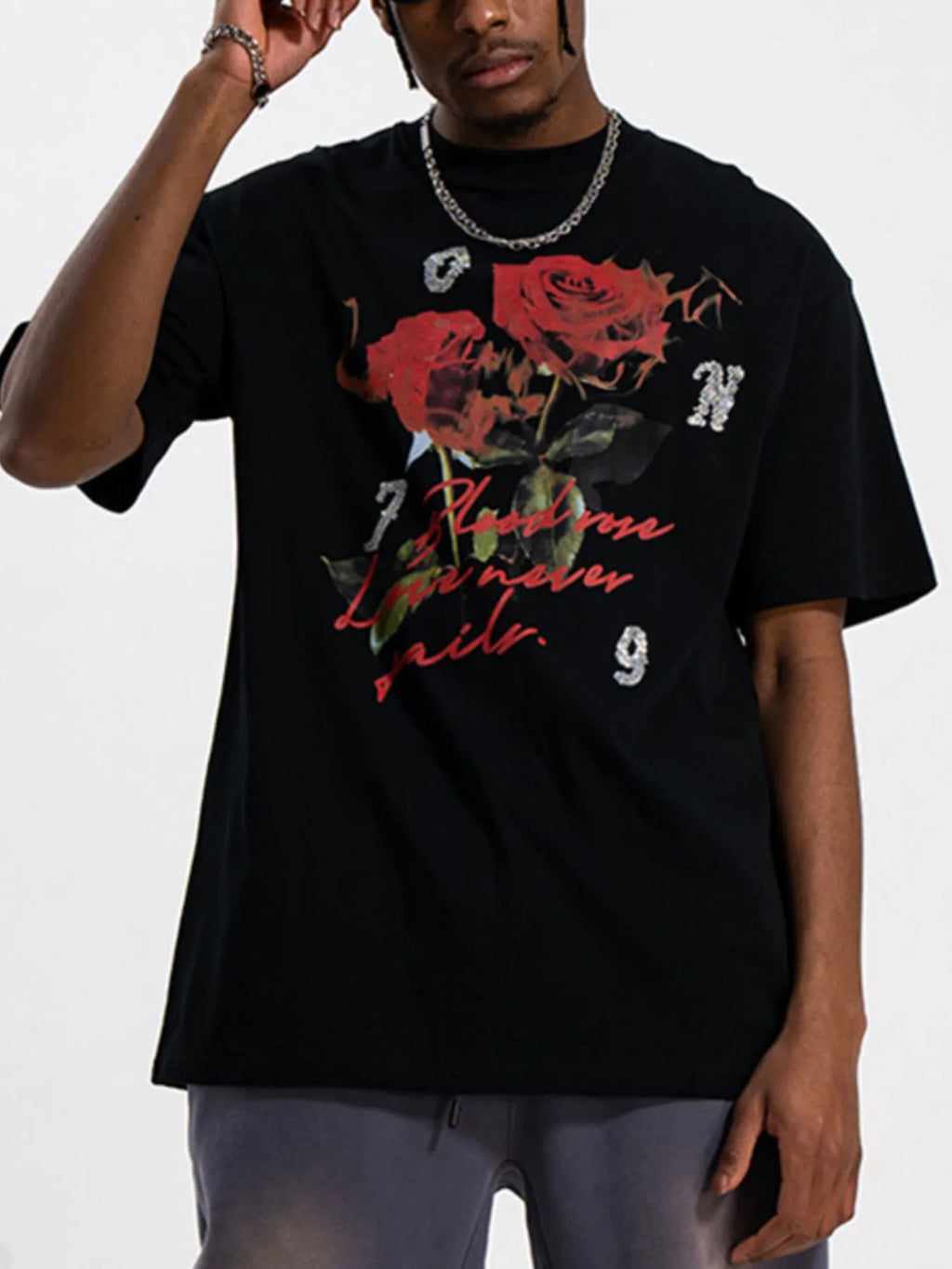 Men's  Rose Graphic T-Shirt with Vintage Script Design