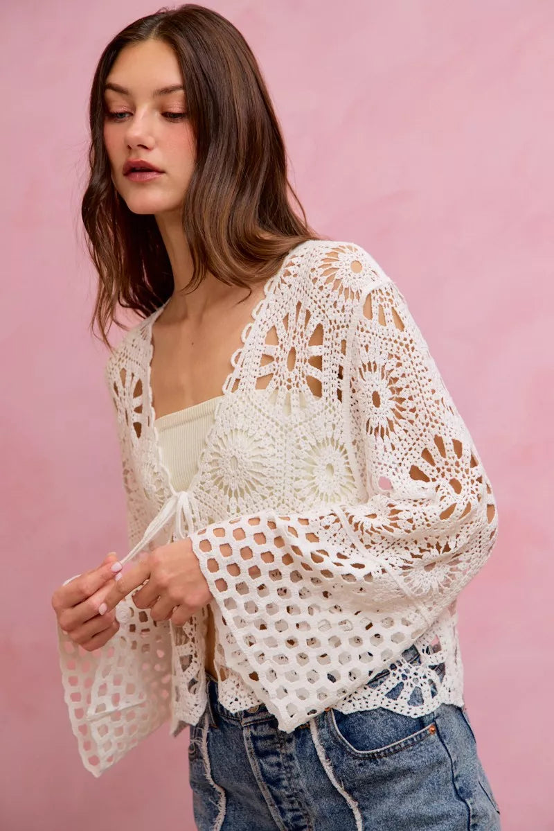 SO ME Floral Pattern Crochet Knit Tie Front Crop Cardigan