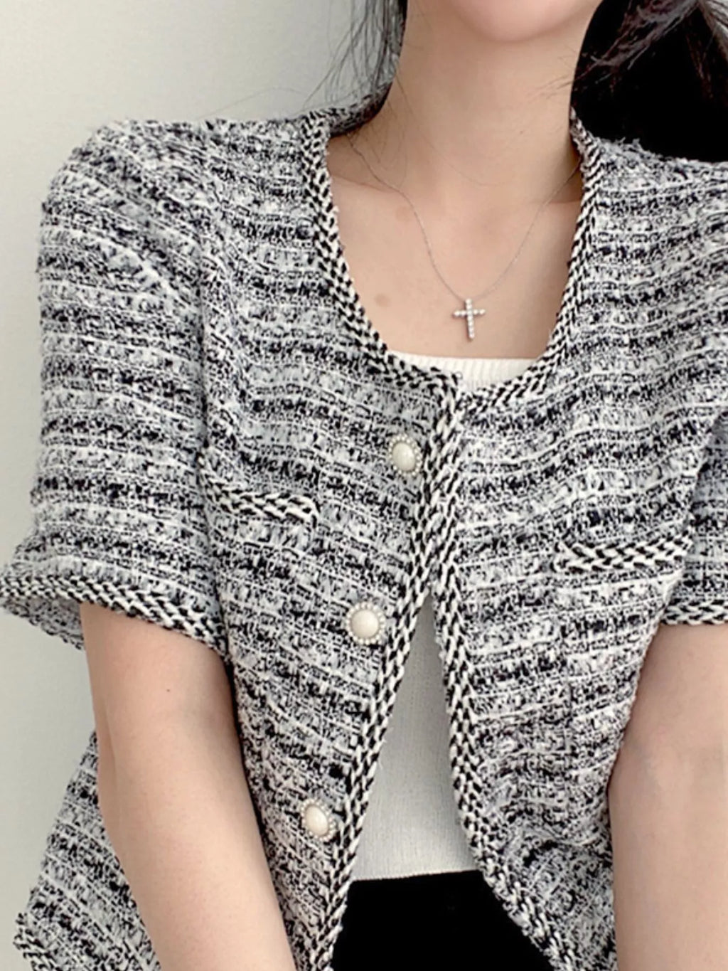 Pearl Button Short Sleeve Tweed Outerwear
