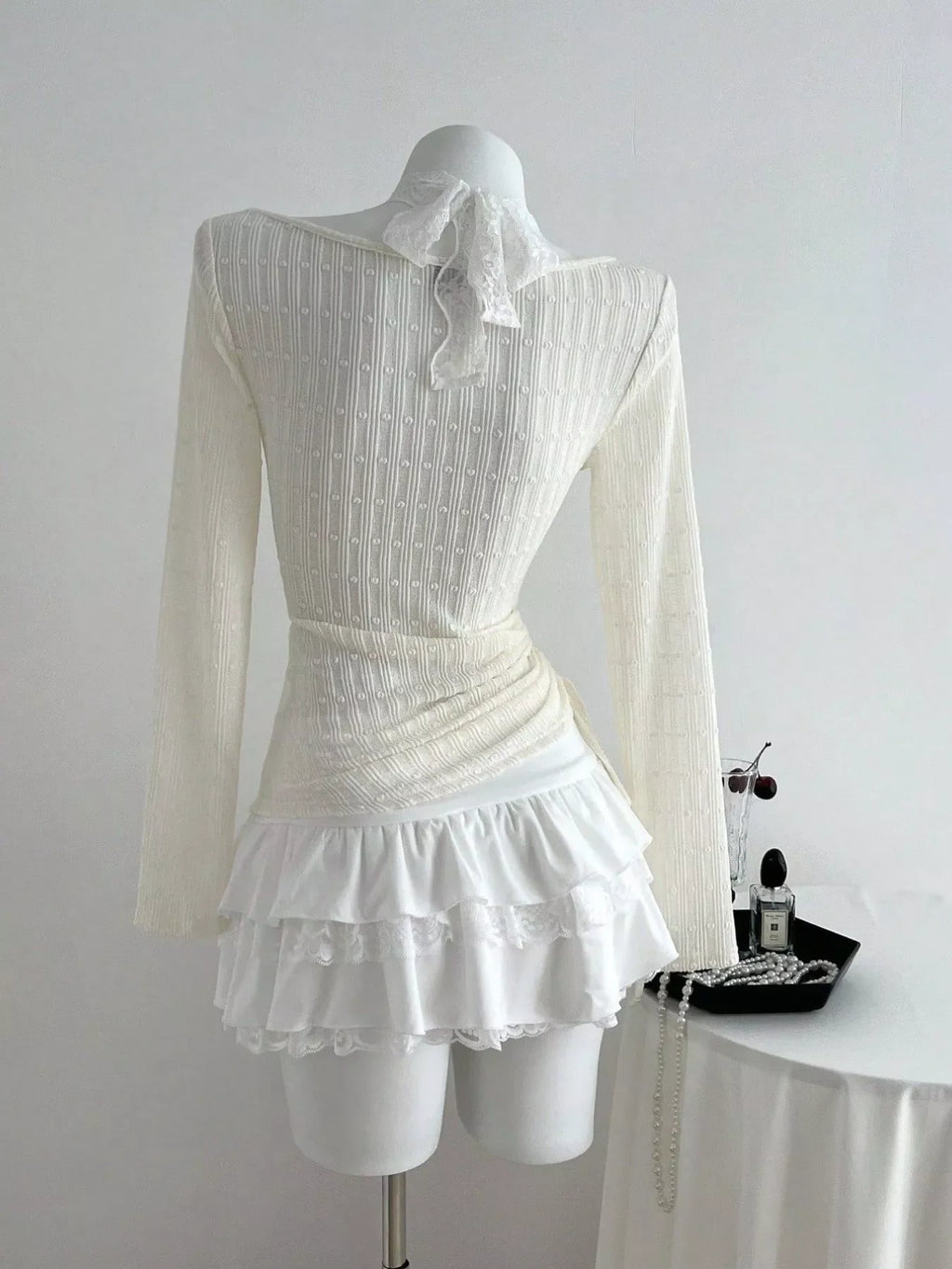 Bow Lace Detail V-Neck T-Shirt
