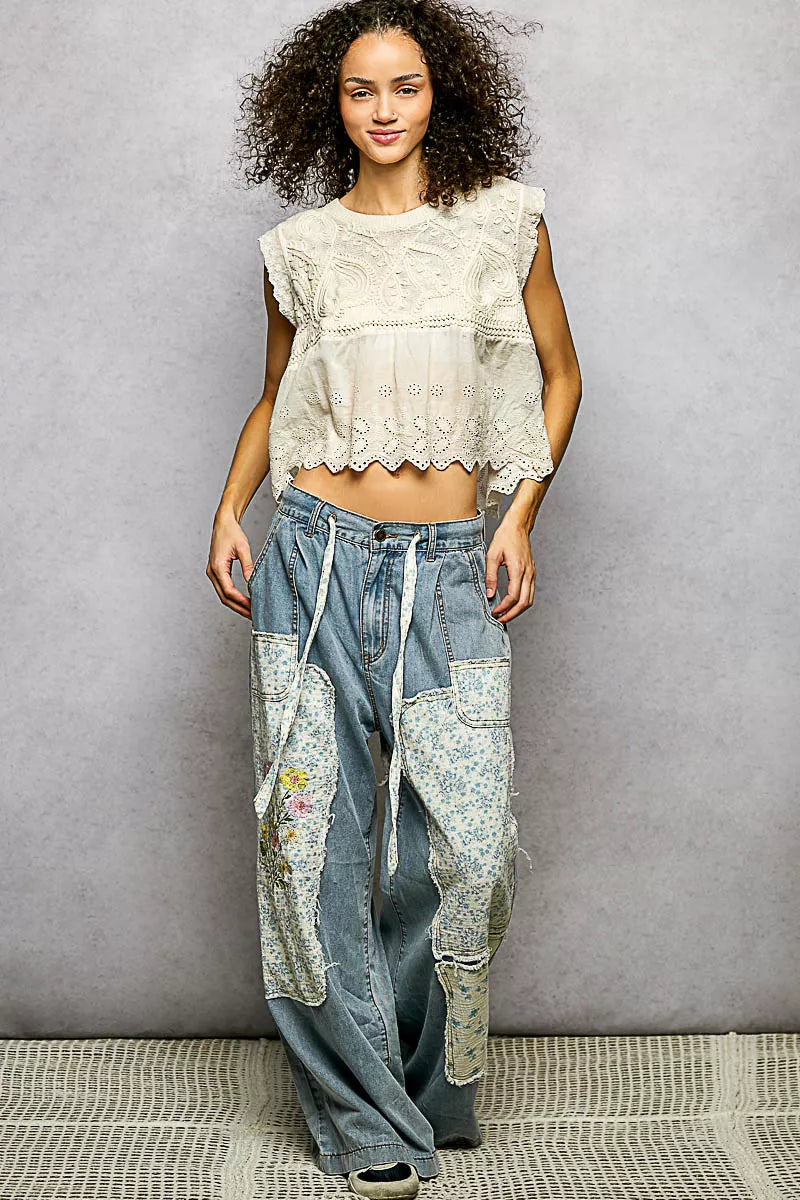 POL Round Neck Sleeveless Crochet Flowy Fit Top