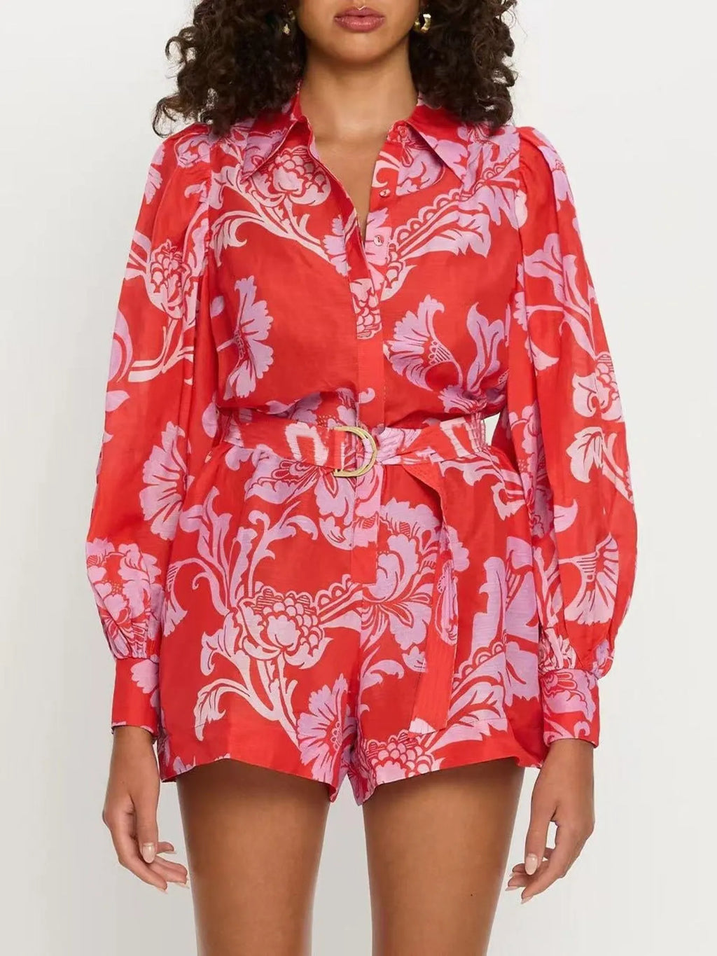 Printed Long Sleeve Belted Romper