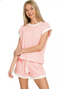 Zenana Stripe Contrast Trim Top & Shorts Set