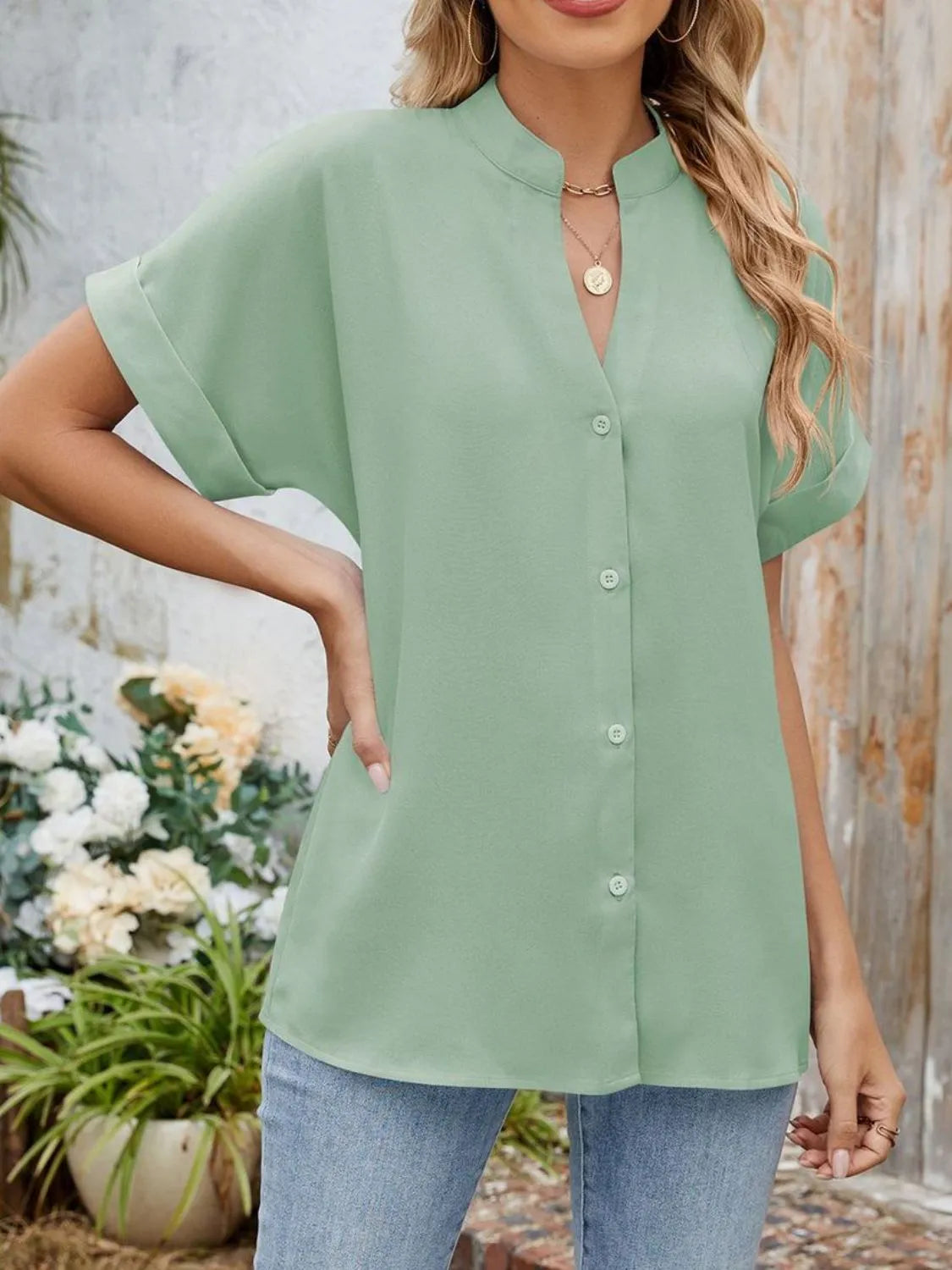 Notched Short Sleeve Blouse