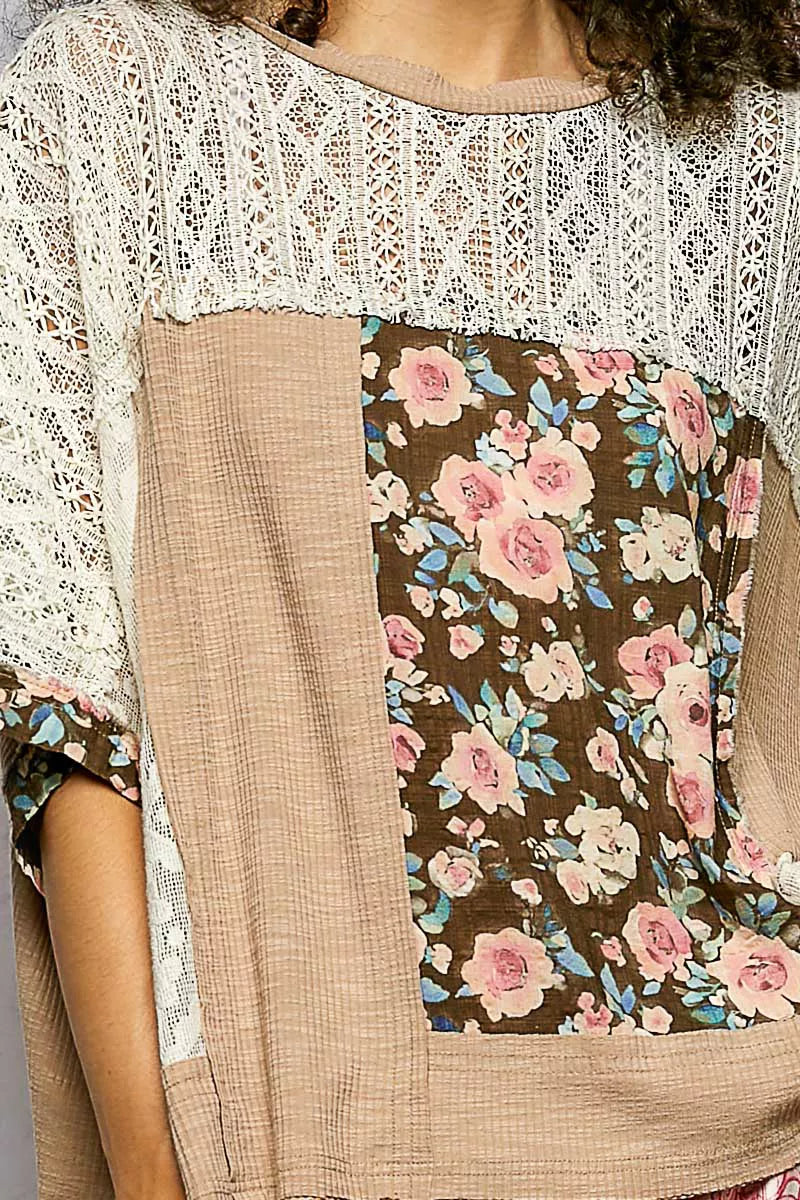POL Floral Patchwork Lace Accent Blouse