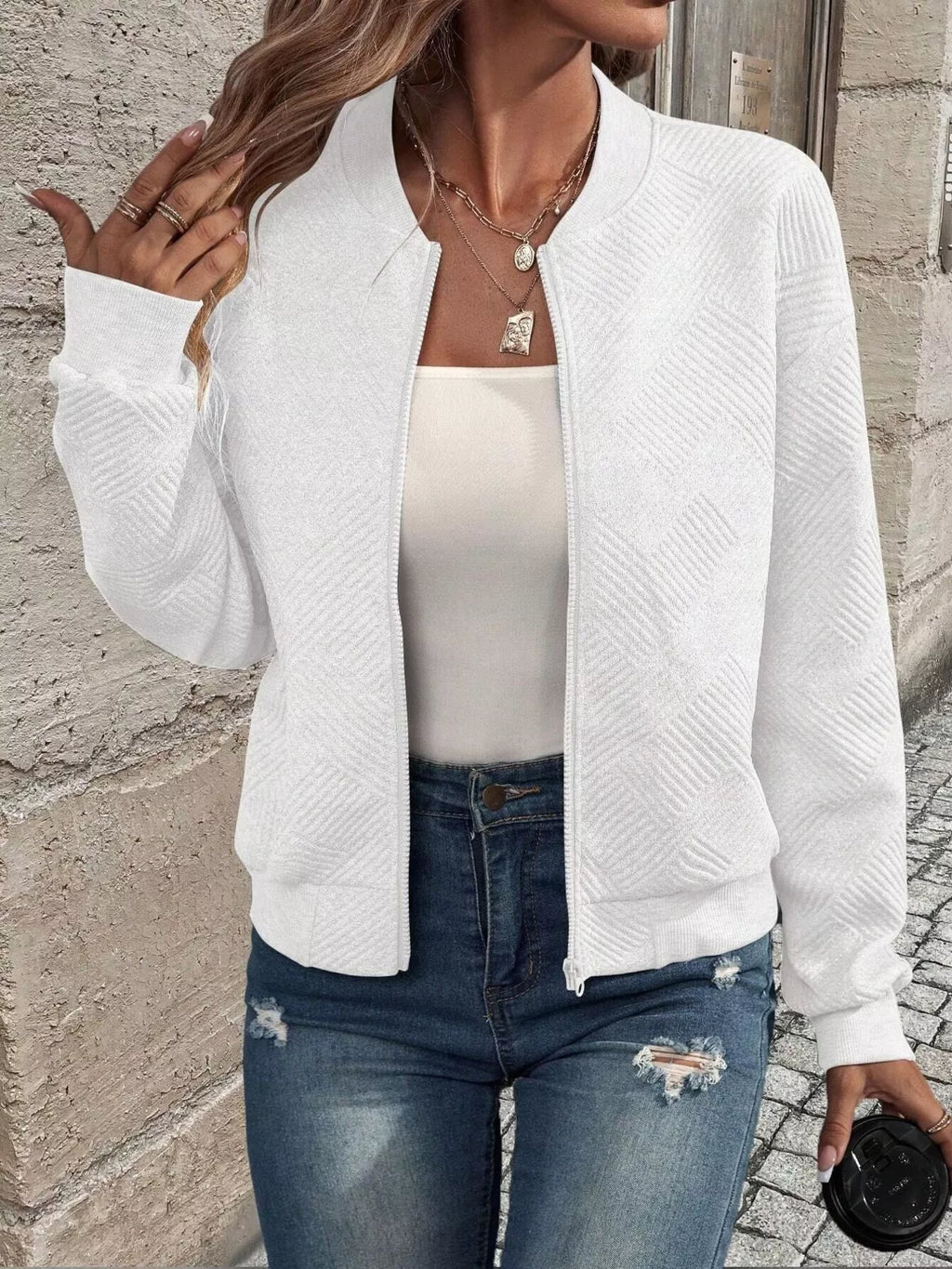 Texture Zip-Up Bomber Jacket