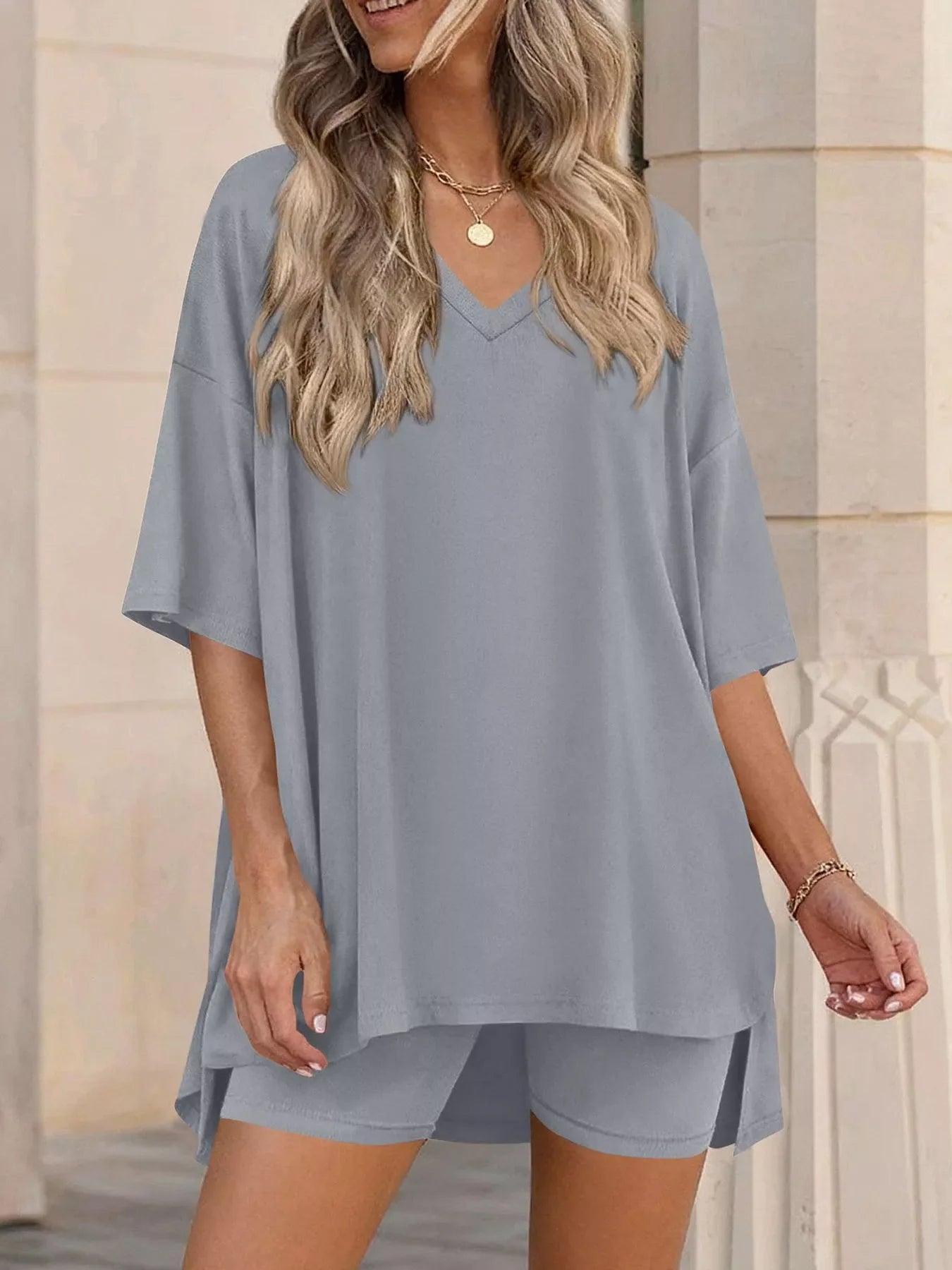 Full Size Casual Loose V-Neck T-Shirt & Shorts Set Plus Size