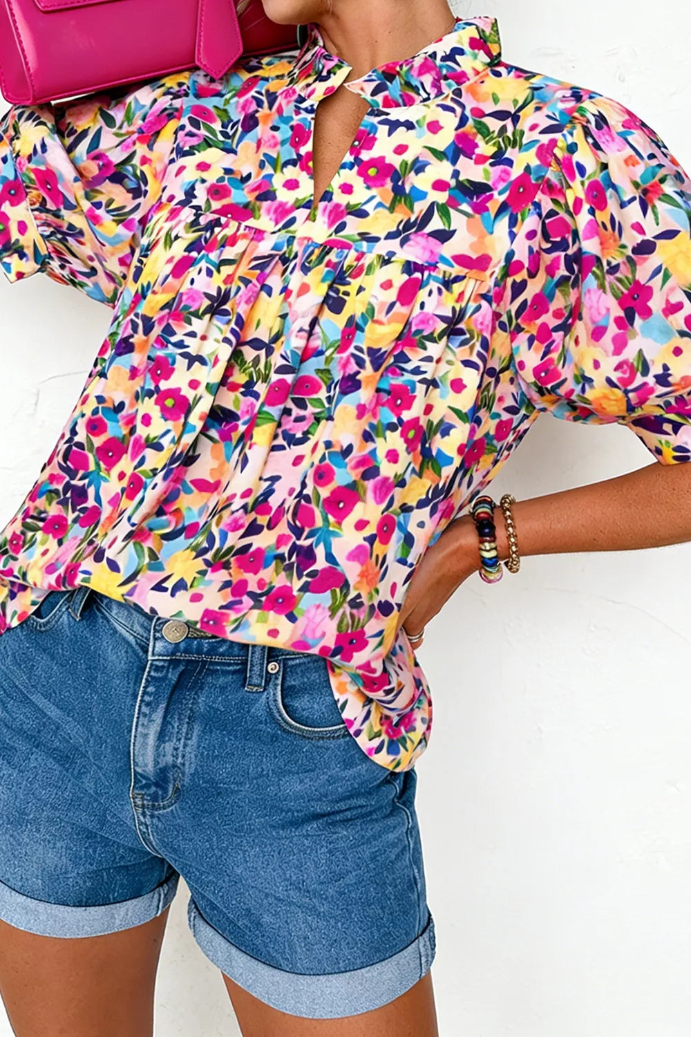 Flower Print Frilled Collar Short Puff Sleeve Summer Blouse