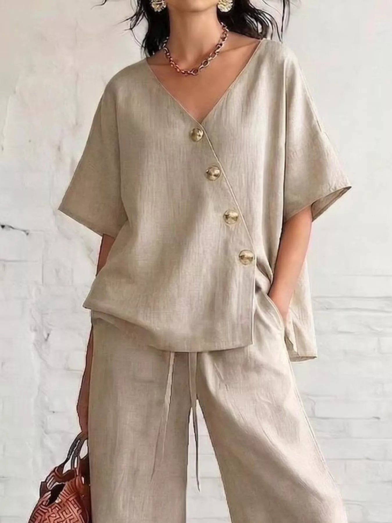 Full Size Surplice Half Sleeve Top and Wide-Leg Pants Set Plus Size